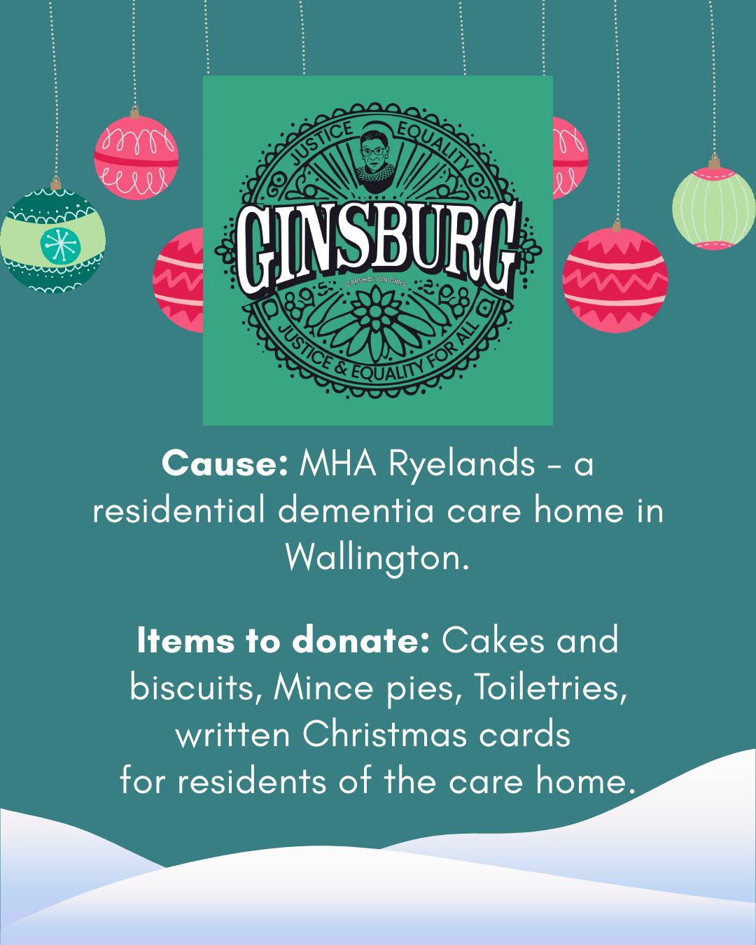 Cause: MHA Ryelands - a residential dementia care home in Wallington.  Items to donate: Cakes and biscuits, Mince pies, Toiletries, written Christmas cards  for residents of the care home.