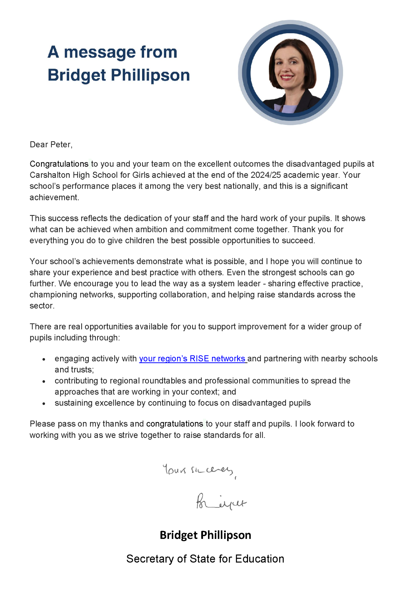 Bridget Phillipson letter Bridget Phillipson letter